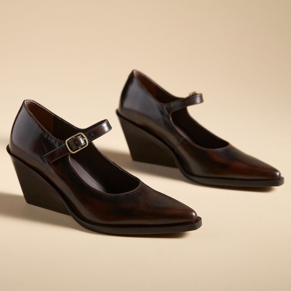 Seychelles Brown Leather Mary Jane Wedge Pumps